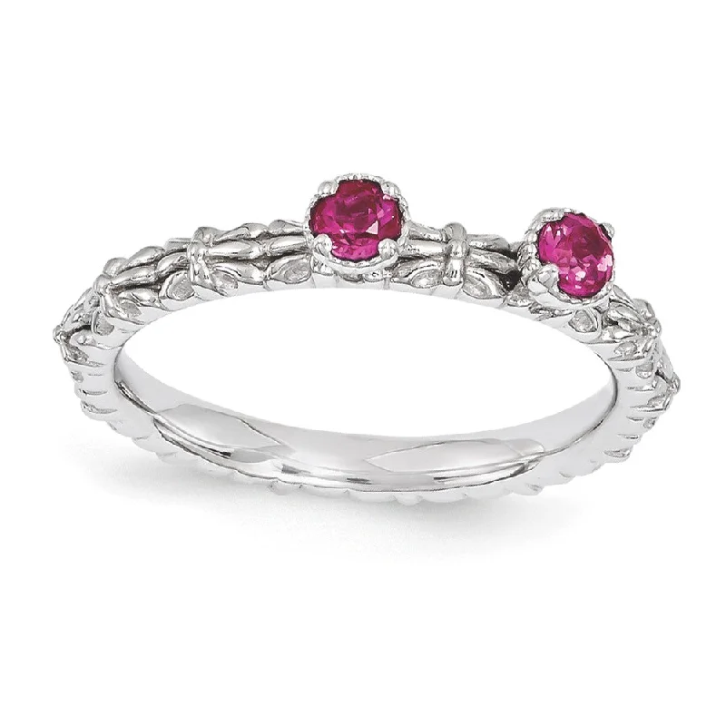 Sterling Silver Stackable Created Ruby Round Two Stone Ring