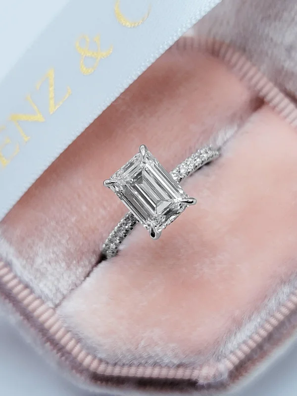 Ladies engagement rings princess cut-2.52 Carats Lab Grown Emerald Cut Micropaved Side Stones Hidden Halo Diamond Engagement Ring