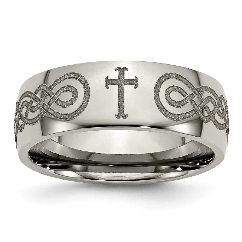 Ladies ring couple sets-8mm Titanium Etched/Polished Cross/Scroll Domed Standard Fit Band