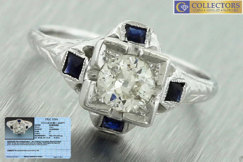 Ladies engagement rings punk edge-Antique Art Deco 18K Gold 0.75ct Old European Diamond Sapphire Engagement Ring