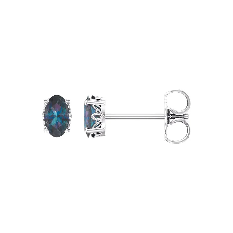 Ladies earrings price range-Stud Earrings in 14k White Gold with Oval Lab Created Alexandrite