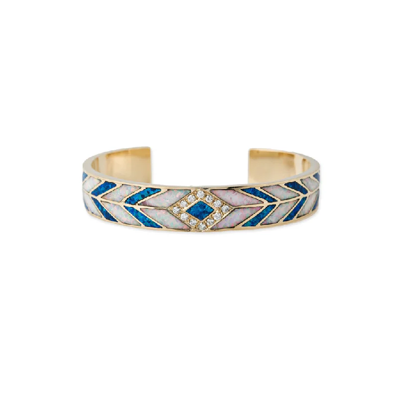 Ladies bracelets size guide-PAVE BLUE OPAL + CHEVRON OPAL INLAY CUFF BRACELET