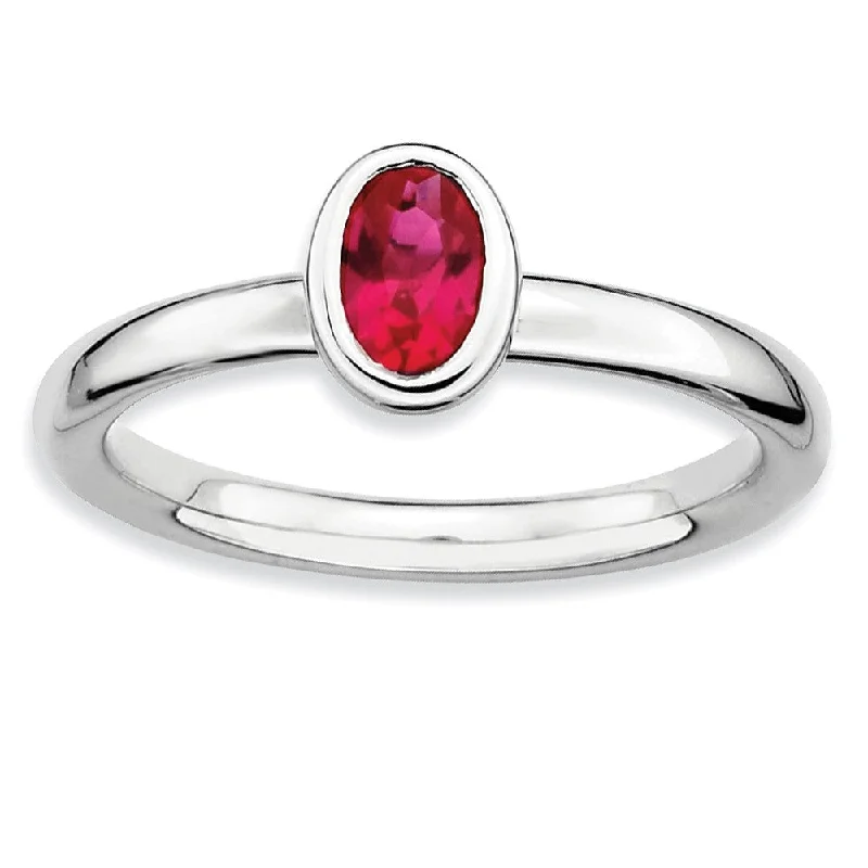 Ladies ring limited edition-Sterling Silver Stackable Oval Created Ruby Solitaire Ring