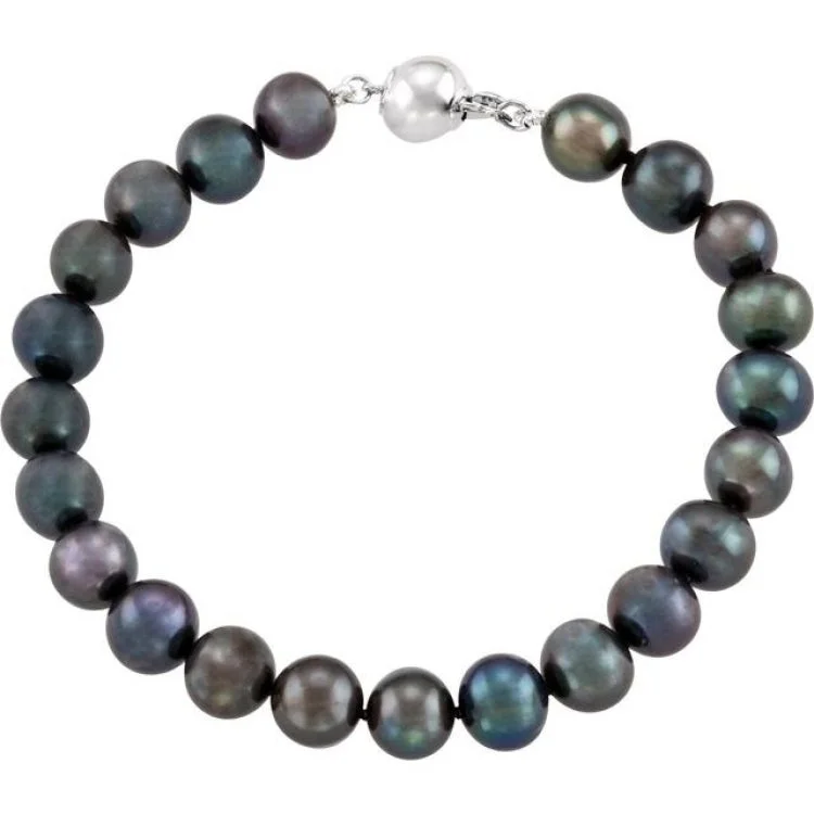 Ladies bracelets jade accents-Sterling Silver Cultured Black Freshwater Pearl 7 3/4" Bracelet