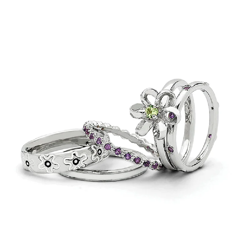 Ladies ring casual look-Sterling Silver Peridot & Amethyst Floral Dreams Stackable Ring Set