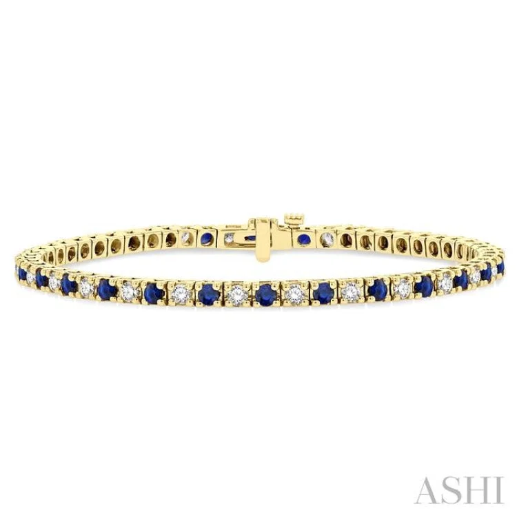 Ladies bracelets holiday specials-1 1/2 ctw Square Box Link 2.5MM Sapphire and Round Cut Diamond Precious Tennis Bracelet in 14K Yellow Gold