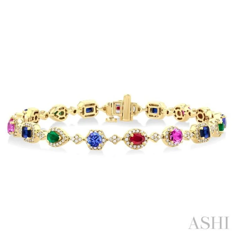 Ladies bracelets ruby gems-4X3MM & 4MM Mixed Shape Gemstone Rainbow and 1 ctw Round Cut Diamond Halo Precious Tennis Bracelet in 14K Yellow Gold