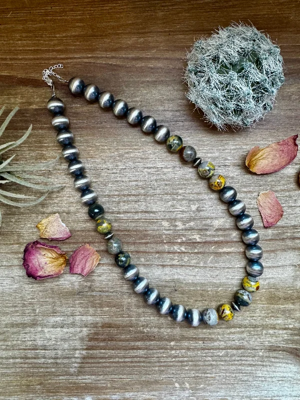 Ladies necklaces Asian-inspired-18 inch 12 mm Sterling Silver Pearls necklace & bumblebee jasper beads