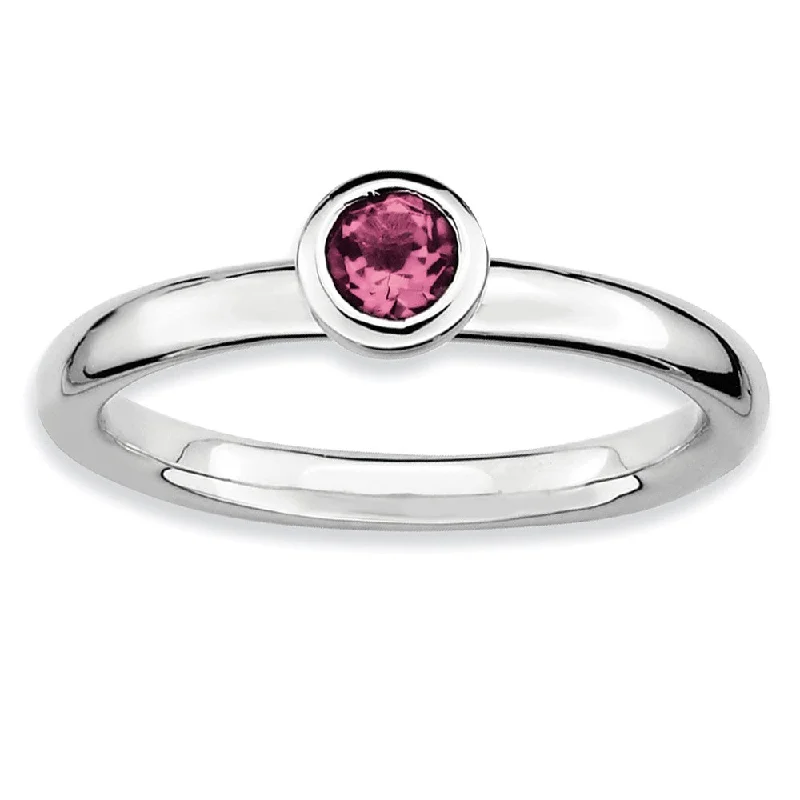 Ladies ring price range-Stackable Low Profile 4mm Pink Tourmaline Silver Ring