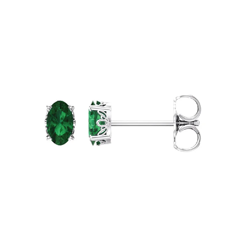 Ladies earrings office wear-Stud Earrings in 14k White Gold with Oval Lab Created Emeralds