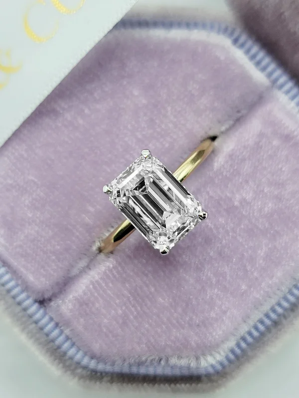 Ladies engagement rings gold bands-3.18 Carats Lab Grown Emerald Cut Two Tone Solitaire Hidden Halo Diamond Engagement Ring