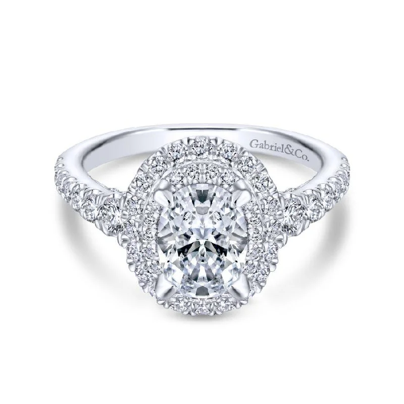 Ladies engagement rings gothic charm-14K White Gold Double Oval Halo Diamond Engagement Ring