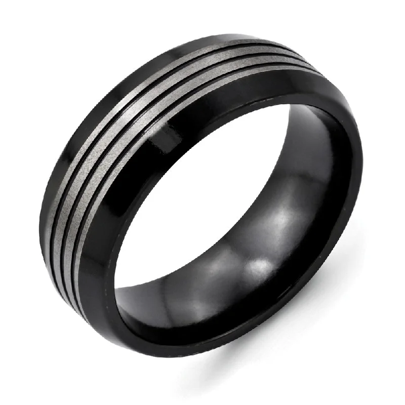 Ladies ring modern design-8mm Two-Tone Striped Beveled Edge Band in Black Titanium