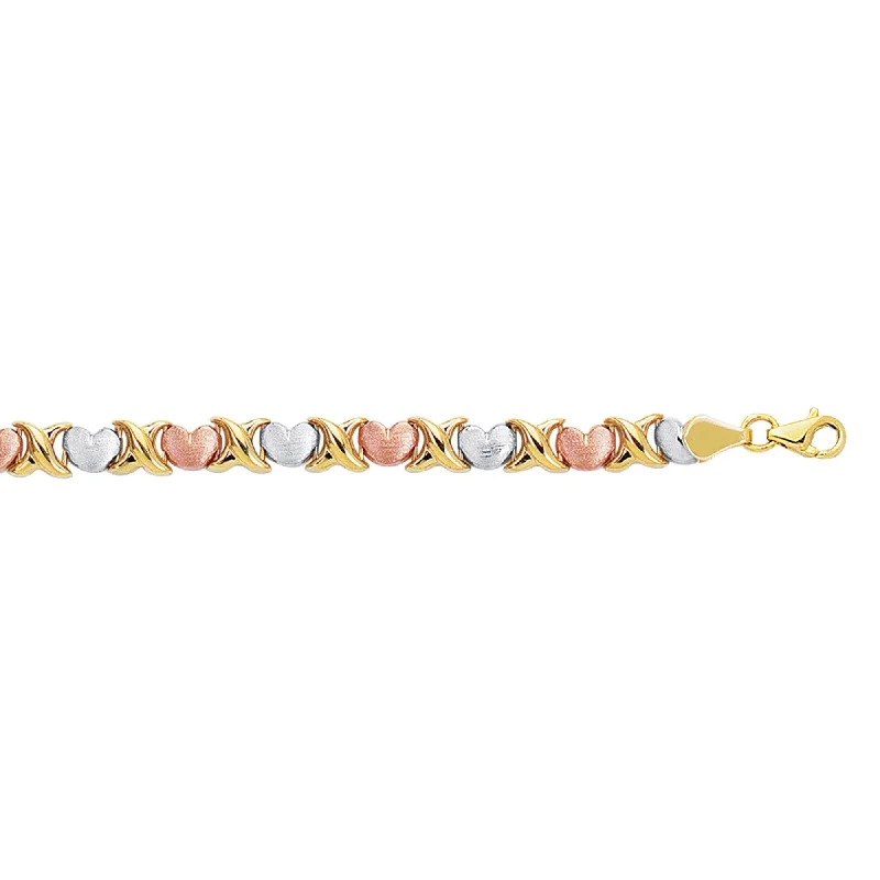 Ladies bracelets designer brands-14kt 7.25 inches Yellow+White+Rose Gold Textured Shiny Tri Color Hugs+Kisses Bracelet with Pear Shape Clasp