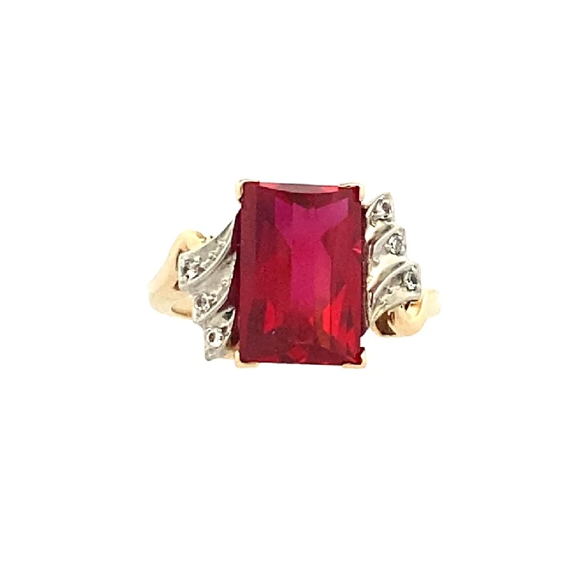 Ladies ring Valentine’s Day-Estate Synthetic Ruby and Simulated Diamond Ring in Yellow Gold