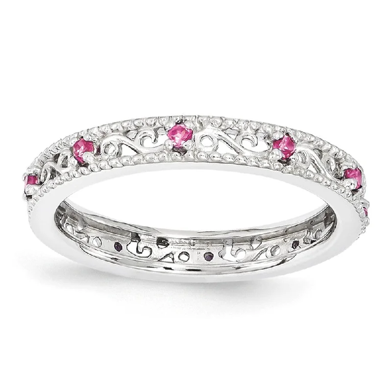 Ladies ring gold styles-3mm Sterling Silver Stackable Created Pink Sapphire Scroll Band