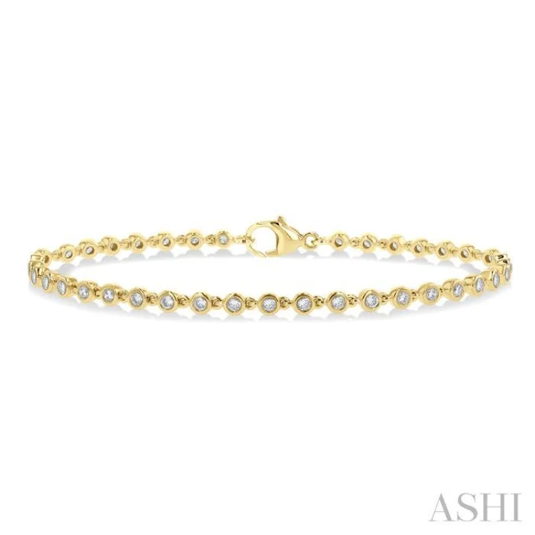 Ladies bracelets stacked styles-1 ctw Bezel Set Round Cut Diamond Tennis Bracelet in 14K Yellow Gold