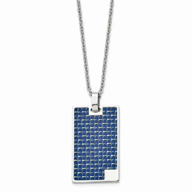 Ladies necklaces sterling silver-Stainless Steel Polished with Blue Carbon Fiber Inlay Dog Tag Necklace