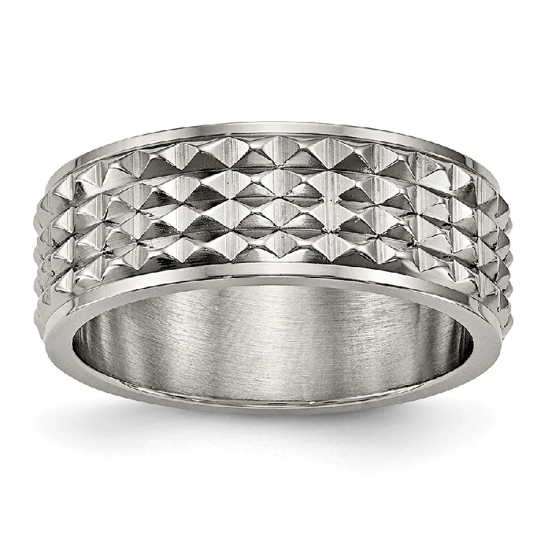 Ladies ring worldwide trends-8mm Titanium Polished Studded Ridged Edge Standard Fit Band