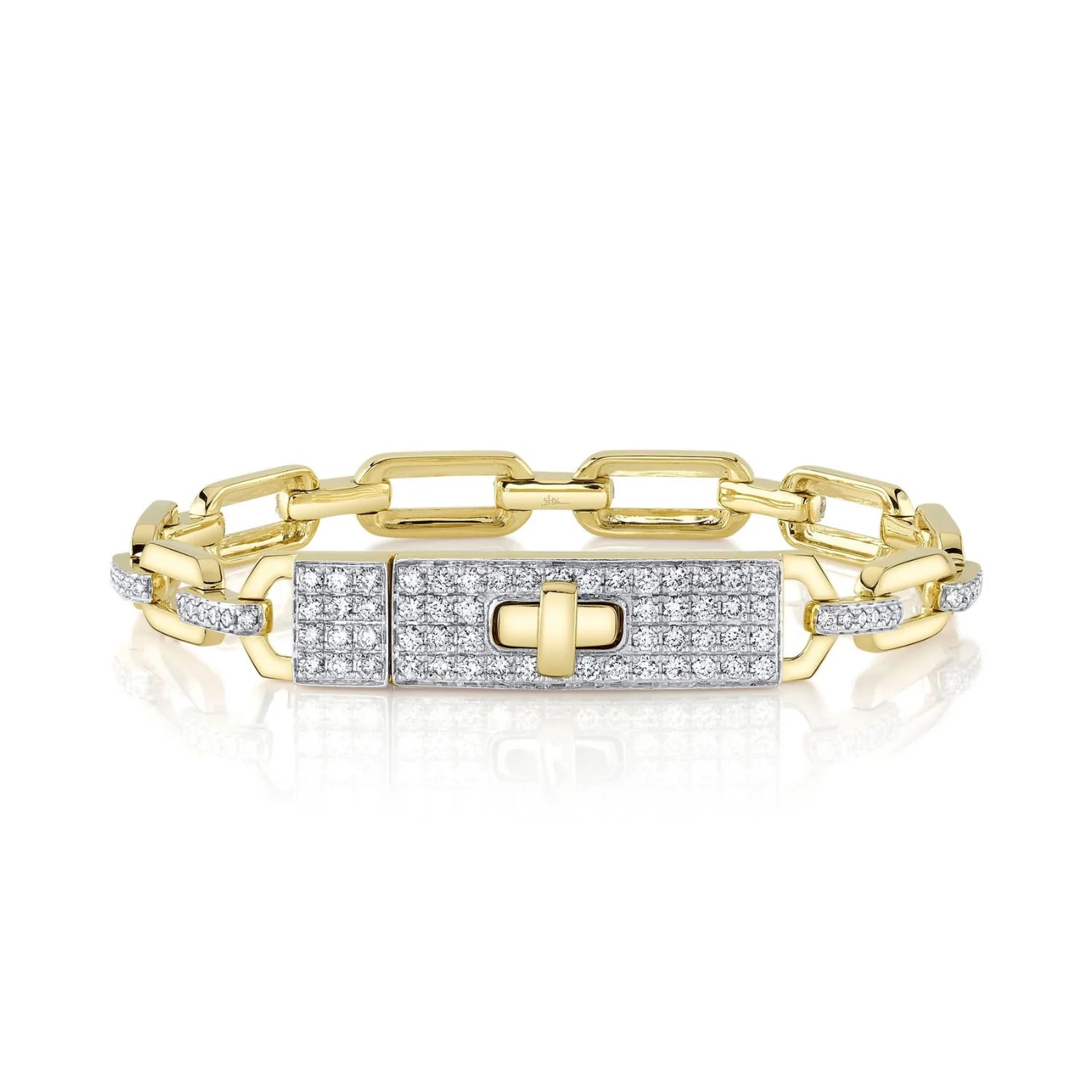 Ladies bracelets charm bracelets-Yellow Gold Diamond Link Lock Bracelet