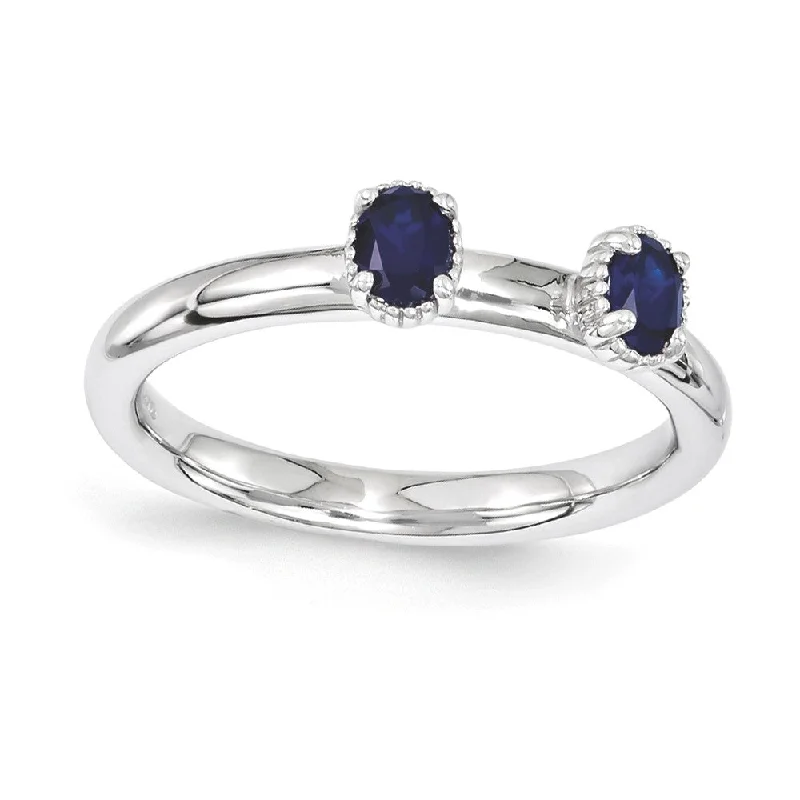 Ladies ring mature appeal-Sterling Silver Stackable Created Sapphire Oval Two Stone Ring