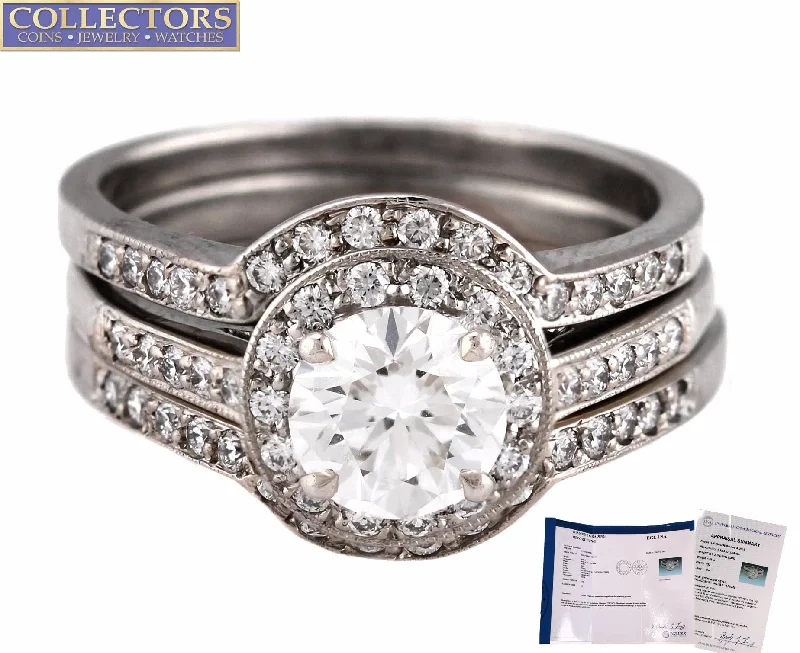 Ladies engagement rings colored stones-Ladies Platinum 1.05ct E-F Round Brilliant Diamond Halo Engagement Ring Band Set