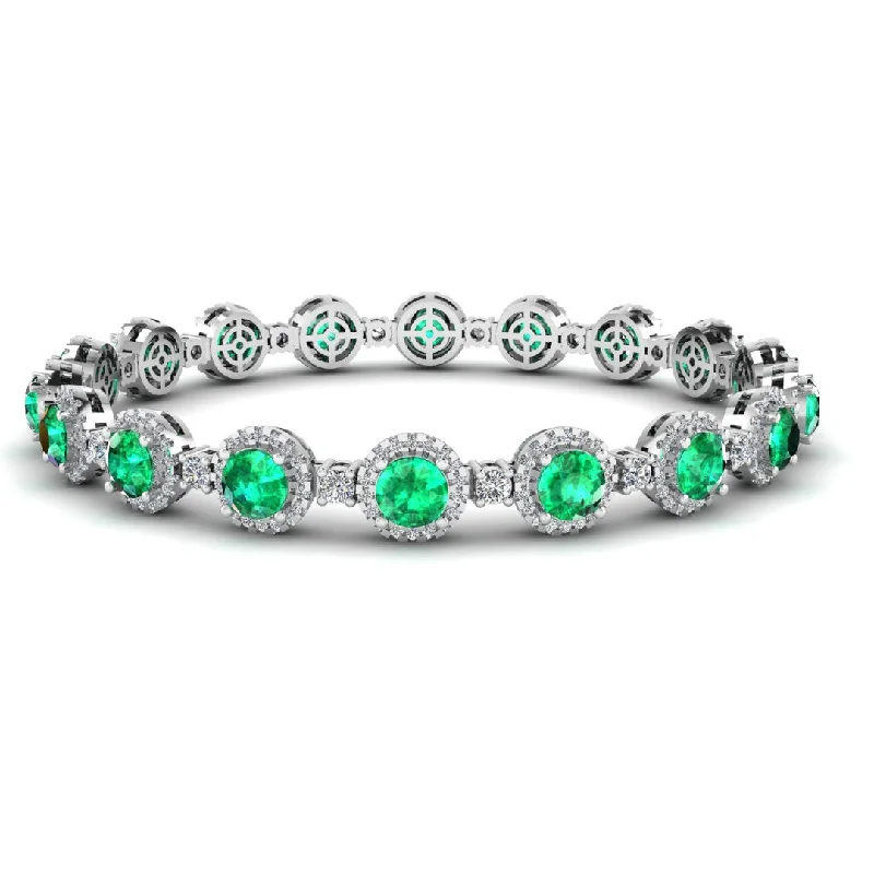 Ladies bracelets international brands-Round Brilliant Shape 8.5 Carat Emerald Gem Featuring Diamond Halo Bracelet BRHARBE