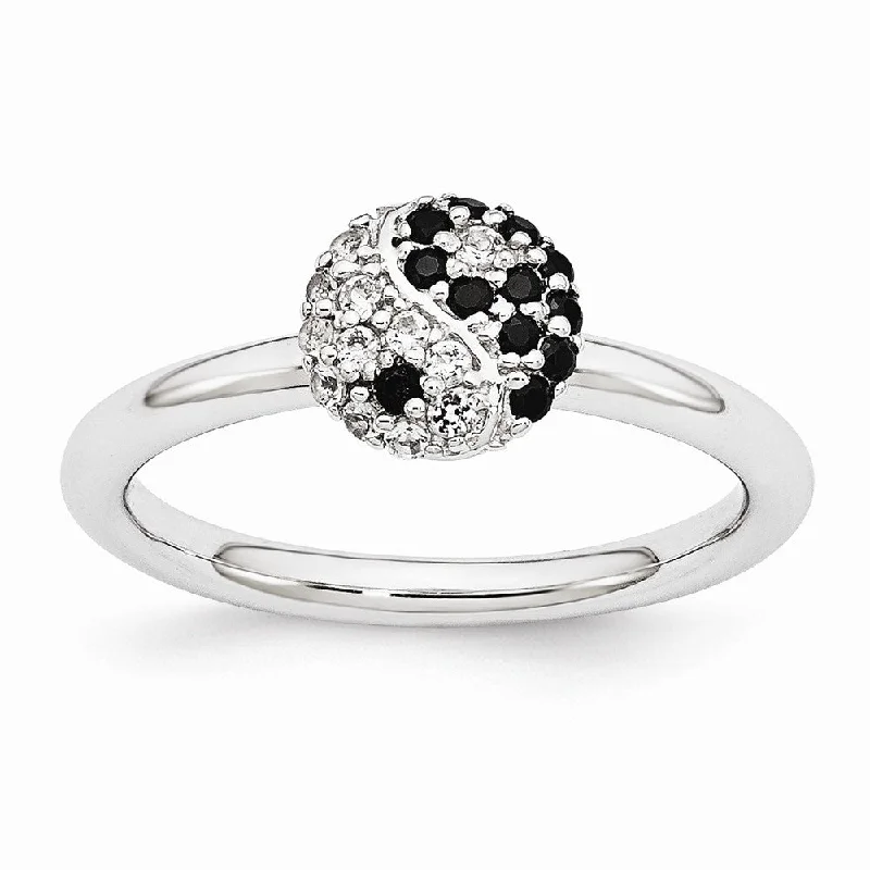 Ladies ring synthetic gems-Rhodium Sterling Silver Stackable White Topaz & Onyx 8mm Yin Yang Ring