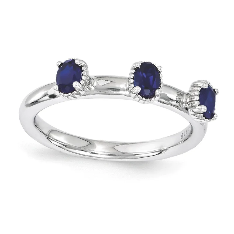 Ladies ring gold styles-Sterling Silver Stackable Created Sapphire Oval Three Stone Ring