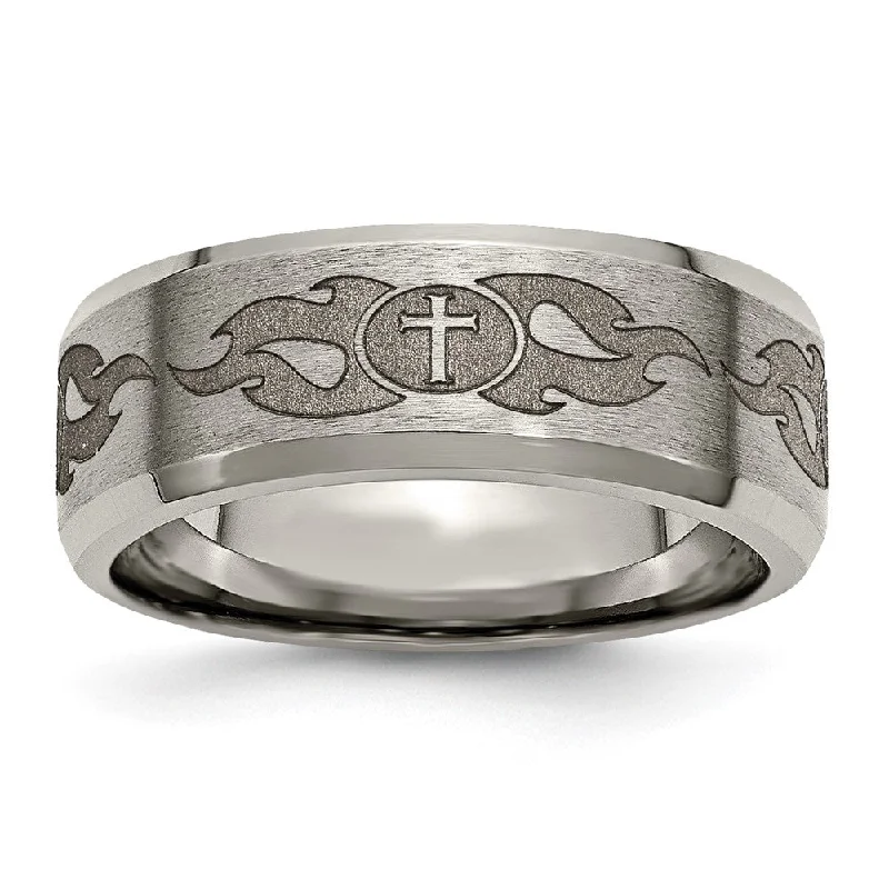 Ladies ring emotional symbol-8mm Titanium Lasered Cross & Flame Beveled Edge Standard Fit Band