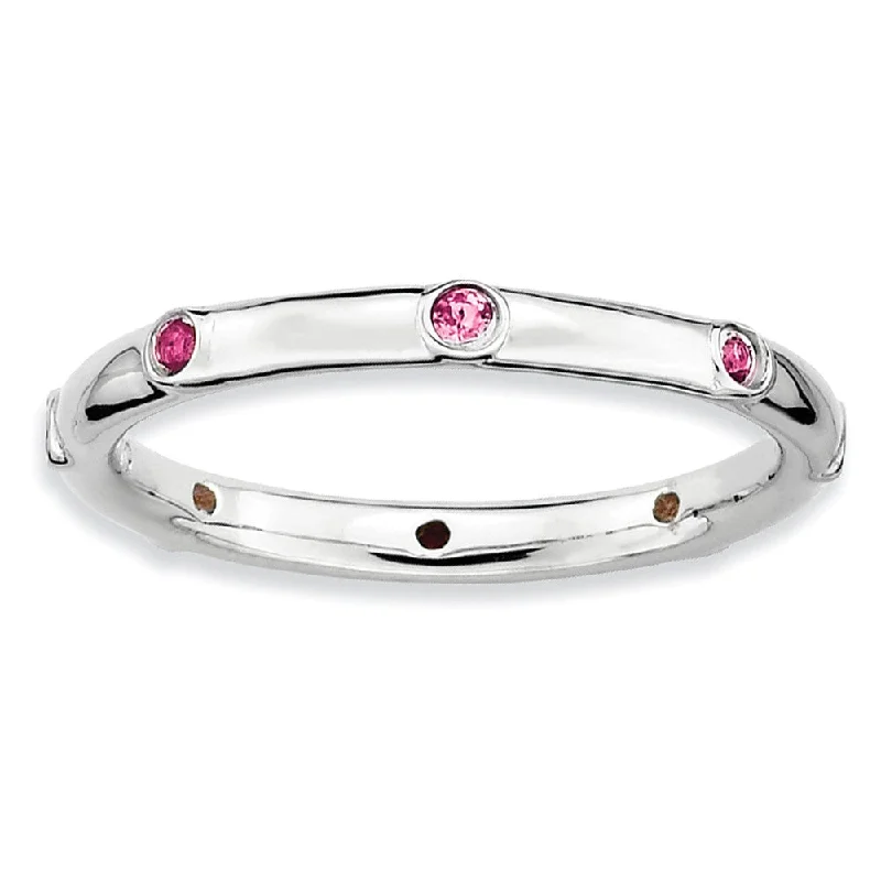 Ladies ring casual look-Sterling Silver Stackable Pink Tourmaline Accent 2.25mm Band