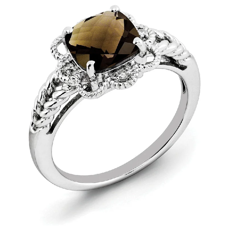 Ladies ring diamond inlay-Smoky Quartz & .04 Ctw Diamond Scalloped Sterling Silver Ring