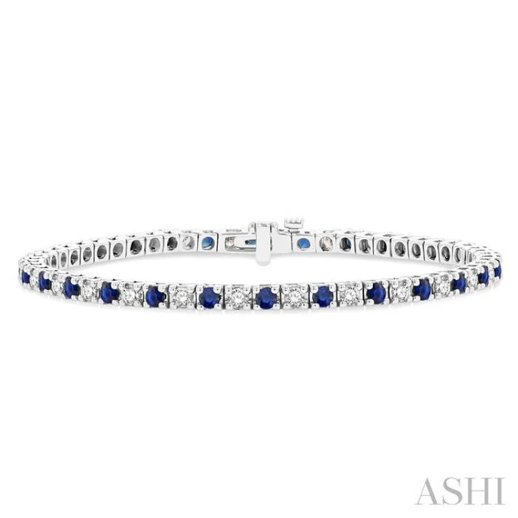 Ladies bracelets punk flair-1 1/2 ctw Square Box Link 2.5MM Sapphire and Round Cut Diamond Precious Tennis Bracelet in 14K White Gold