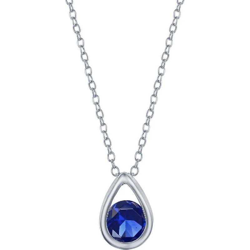 Ladies necklaces layered look-Classic Women's Necklace - Sterling Silver Round Created Sapphire Pear-shaped | M-6895