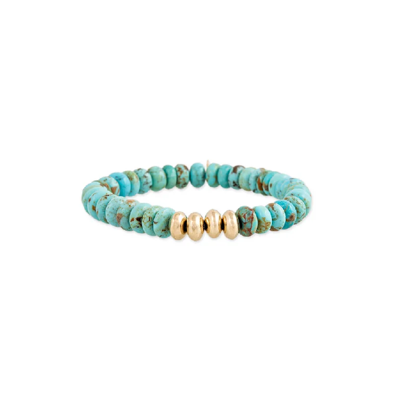 Ladies bracelets elegant sophistication-4 GOLD BEADS + TURQUOISE BEADED STRETCH BRACELET