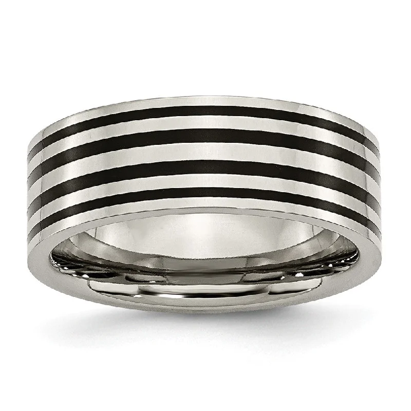 Ladies ring stacking tips-Titanium and Black Enamel, 8mm Striped Unisex Comfort Fit Band