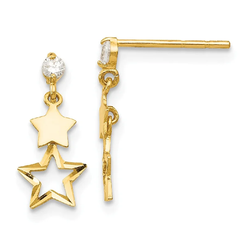 Ladies earrings sale events-Kids Cubic Zirconia Double Star Post Dangle Earrings in 14k Gold