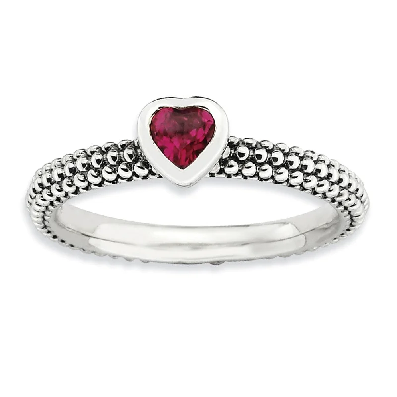 Ladies ring white gold-Sterling Silver Stackable 1/3 Carat Created Ruby Heart Ring