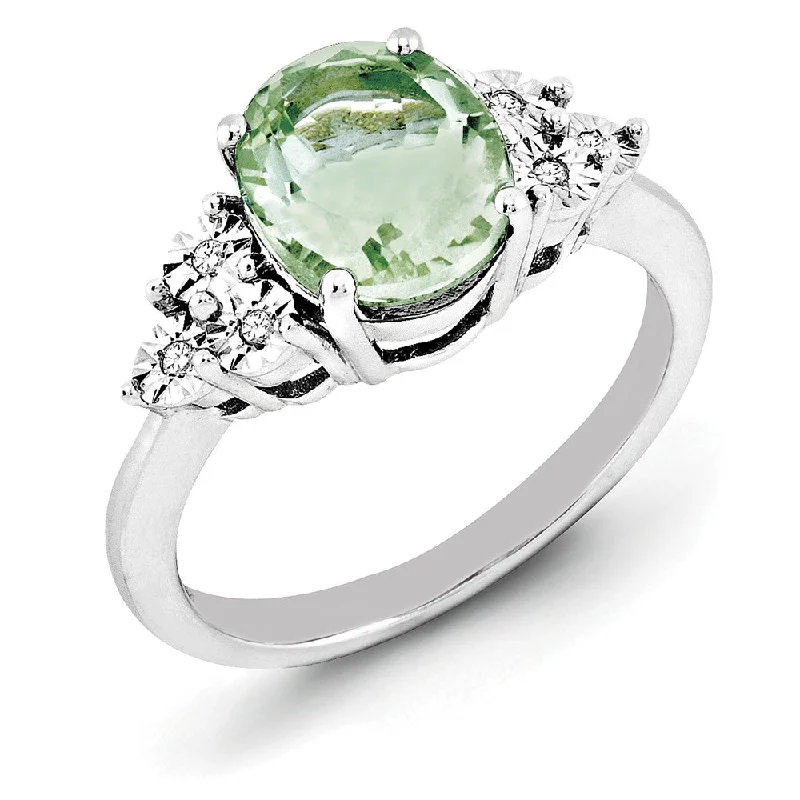 Ladies ring party wear-Oval Green Quartz & .03 Ctw Diamond Ring in Sterling Silver