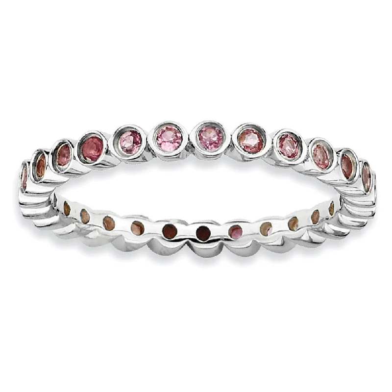 Ladies ring Mother’s Day-Sterling Silver Stackable Bezel Set Pink Tourmaline 2.25mm Band