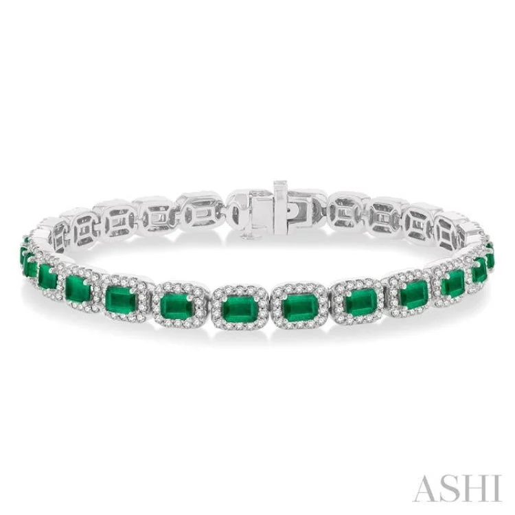 Ladies bracelets affordable options-2 1/5 ctw 4X3MM Emerald and Round Cut Diamond Halo Precious Tennis Bracelet in 14K White Gold