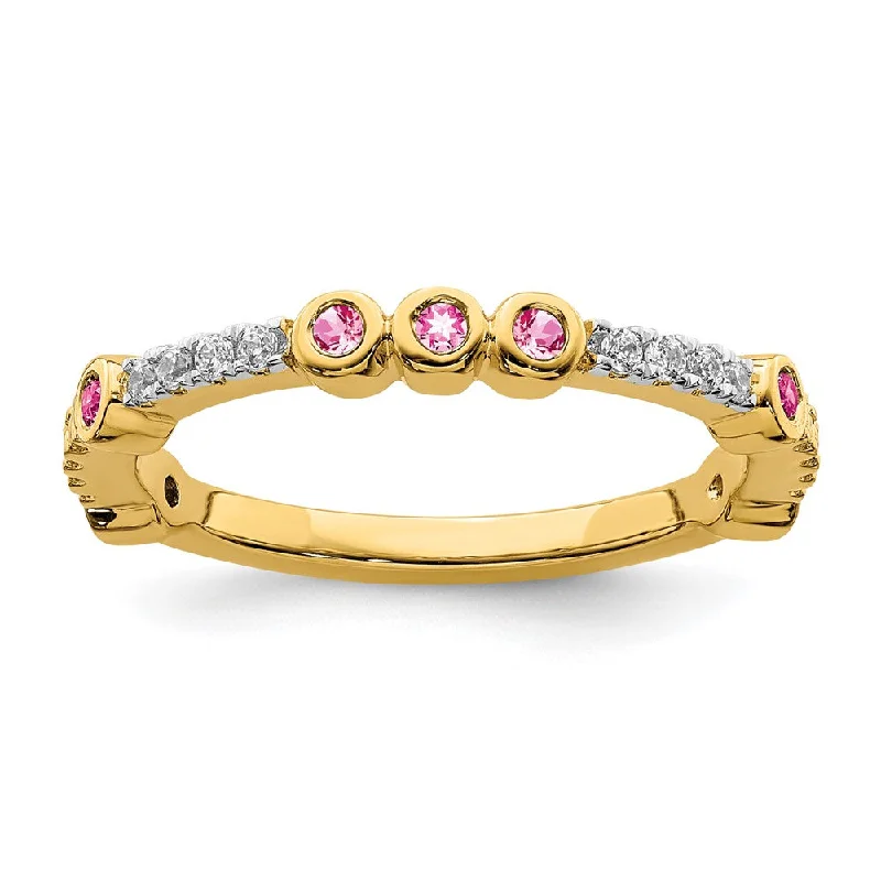 Ladies ring luxurious feel-2mm 14k Yellow Gold Pink Tourmaline & .08 Ctw Diamond Stackable Band