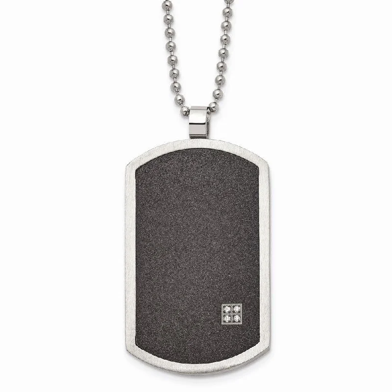 Ladies necklaces sterling silver-Stainless Steel Brushed LaserCut Black IP-Plated CZ Dogtag Necklace