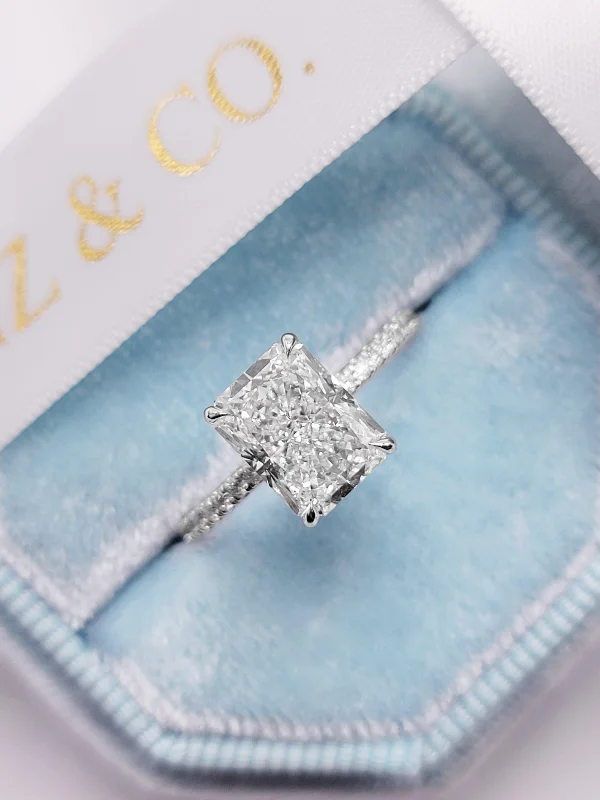 Ladies engagement rings luxury brands-3 Carats Lab Grown Radiant Cut Micropaved Side Stones Hidden Halo Diamond Engagement Ring