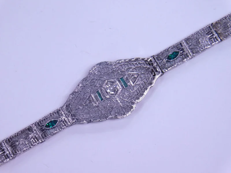 Ladies bracelets geometric shapes-14K ART DECO DIAMOND AND GREEN STONE BRACELET