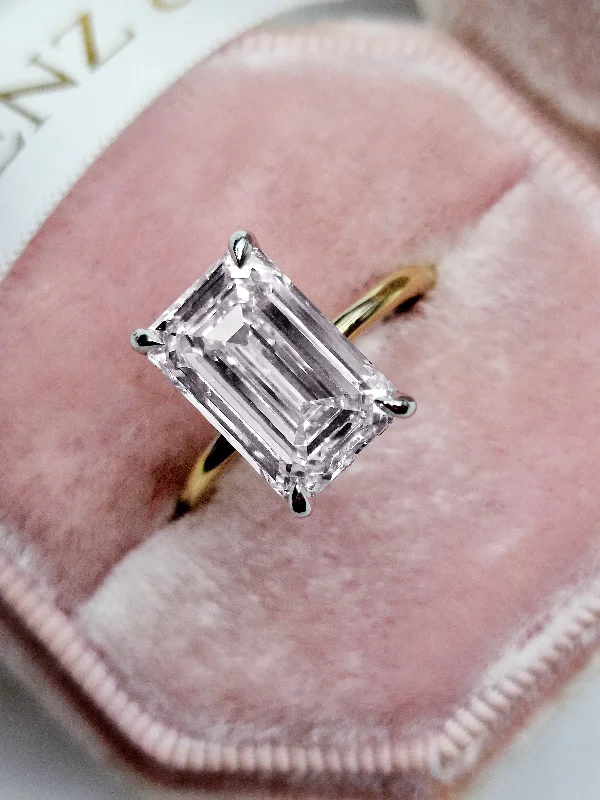 Ladies engagement rings luxurious feel-5.28 Carats Lab Grown Emerald Cut Two Tone Solitaire Hidden Halo Diamond Engagement Ring