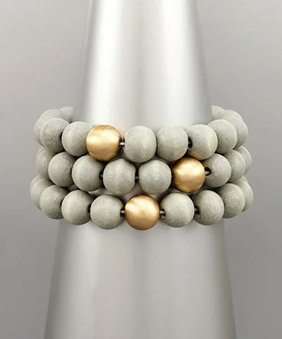 Ladies bracelets everyday use-Wood & Metal Bead Stackable Bracelet Set Grey