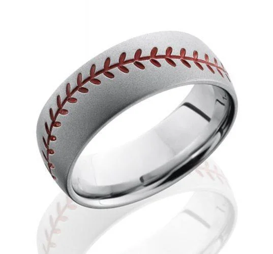 Ladies ring 2025 trends-Baseball Ring in Cobalt Chrome with Red Stitching