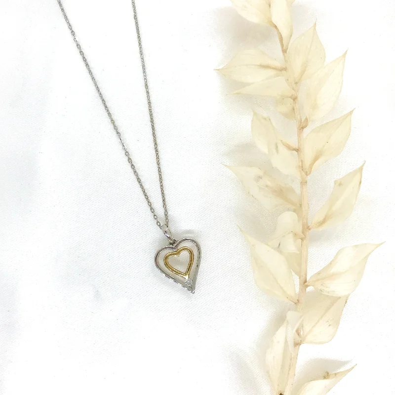 Ladies necklaces multi-strand-10k Two Toned Gold Heart Necklace with Single Diamond