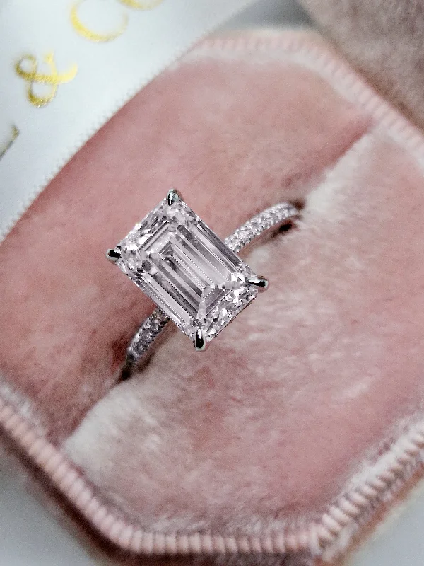 Ladies engagement rings minimalist trend-3.42 Carats Lab Grown Emerald Cut Micropaved Side Stones Hidden Halo Diamond Engagement Ring